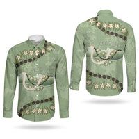 Hawaii Molokai Island Flowers Lei Couples Matching Off Shoulder Maxi Dress and Long Sleeve Button Shirt Kukui Nut Mossy Green