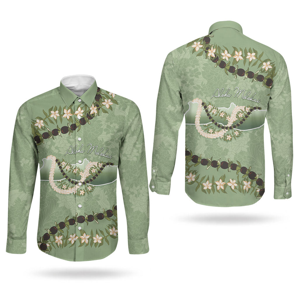 Hawaii Molokai Island Flowers Lei Couples Matching Off Shoulder Short Dress and Long Sleeve Button Shirt Kukui Nut Mossy Green