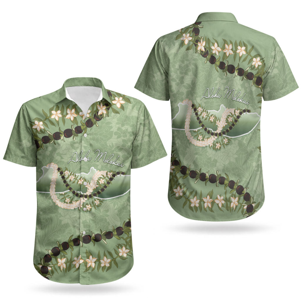 Hawaii Molokai Island Flowers Lei Couples Matching Off The Shoulder Long Sleeve Dress and Hawaiian Shirt Kukui Nut Mossy Green