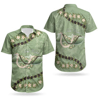 Hawaii Molokai Island Flowers Lei Couples Matching Off The Shoulder Long Sleeve Dress and Hawaiian Shirt Kukui Nut Mossy Green
