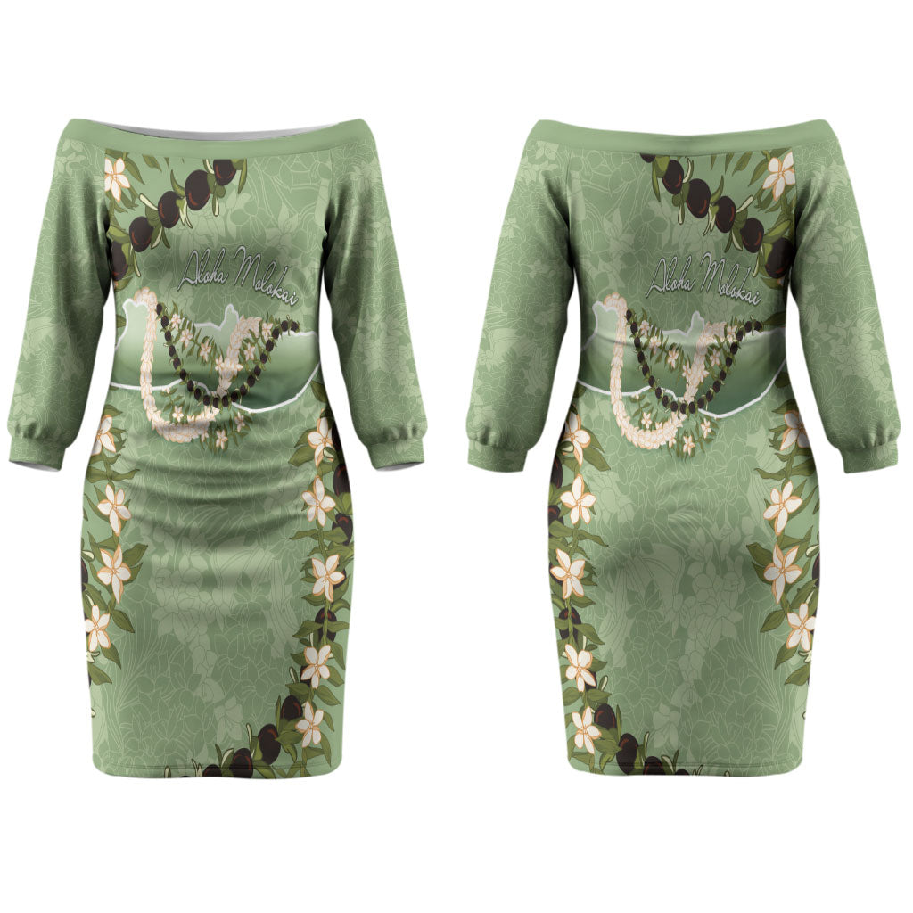 Hawaii Molokai Island Flowers Lei Couples Matching Off The Shoulder Long Sleeve Dress and Hawaiian Shirt Kukui Nut Mossy Green