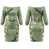 Hawaii Molokai Island Flowers Lei Couples Matching Off The Shoulder Long Sleeve Dress and Hawaiian Shirt Kukui Nut Mossy Green
