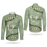 Hawaii Molokai Island Flowers Lei Couples Matching Off The Shoulder Long Sleeve Dress and Long Sleeve Button Shirt Kukui Nut Mossy Green