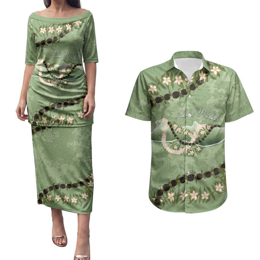 Hawaii Molokai Island Flowers Lei Couples Matching Puletasi and Hawaiian Shirt Kukui Nut Mossy Green LT7 Moss Green - Polynesian Pride