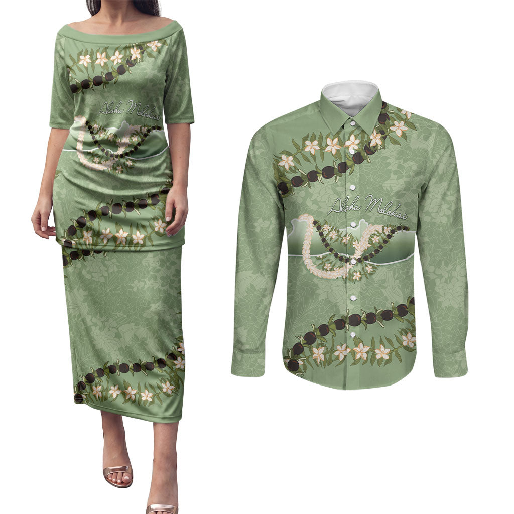 Hawaii Molokai Island Flowers Lei Couples Matching Puletasi and Long Sleeve Button Shirt Kukui Nut Mossy Green LT7 Moss Green - Polynesian Pride