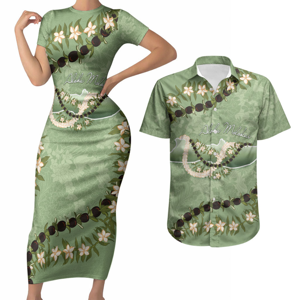 Hawaii Molokai Island Flowers Lei Couples Matching Short Sleeve Bodycon Dress and Hawaiian Shirt Kukui Nut Mossy Green LT7 Moss Green - Polynesian Pride