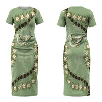 Hawaii Molokai Island Flowers Lei Couples Matching Short Sleeve Bodycon Dress and Hawaiian Shirt Kukui Nut Mossy Green