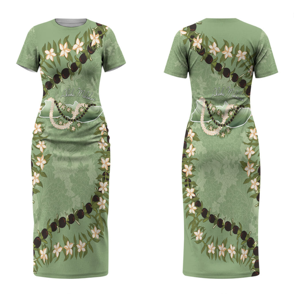 Hawaii Molokai Island Flowers Lei Couples Matching Short Sleeve Bodycon Dress and Long Sleeve Button Shirt Kukui Nut Mossy Green