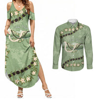 Hawaii Molokai Island Flowers Lei Couples Matching Summer Maxi Dress and Long Sleeve Button Shirt Kukui Nut Mossy Green