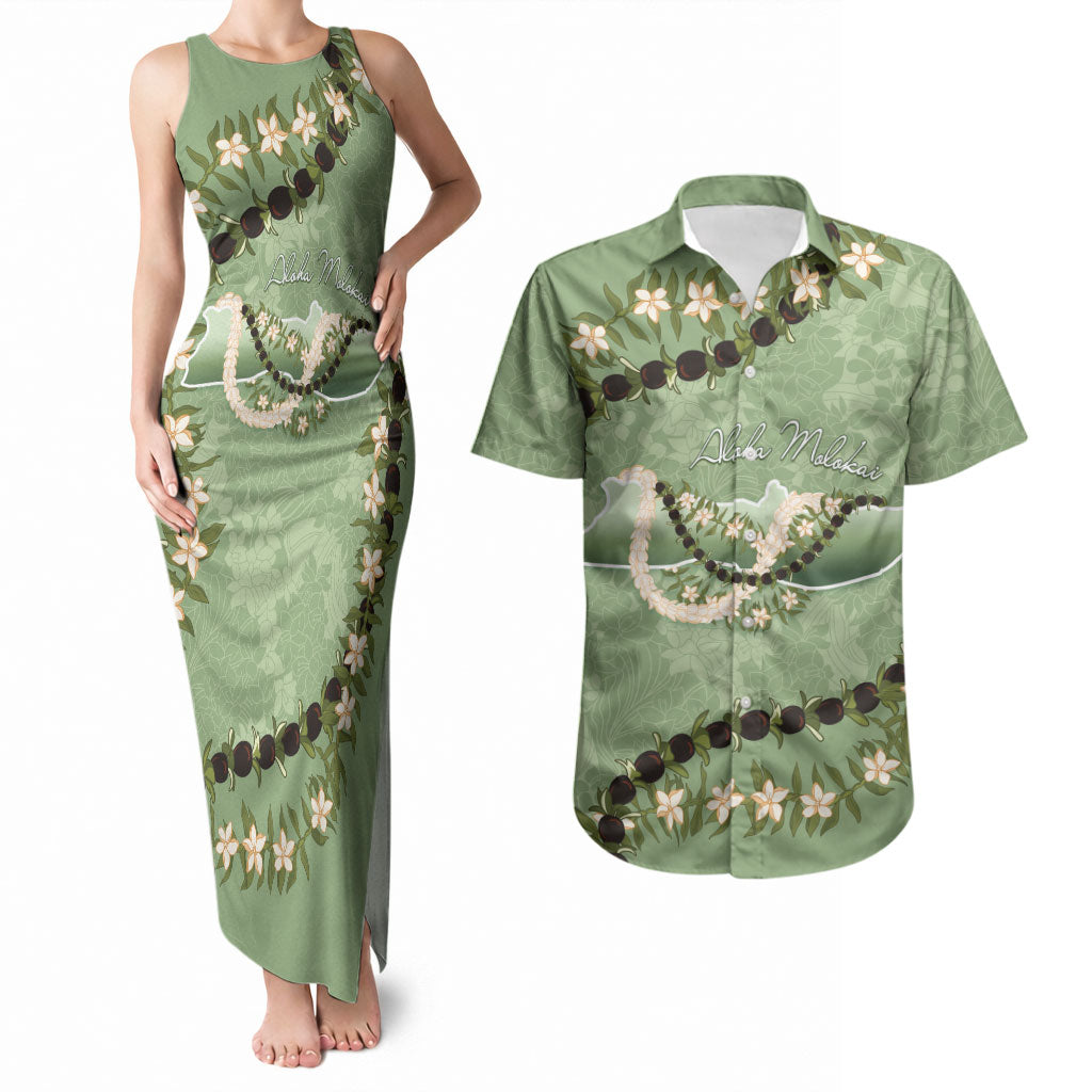 Hawaii Molokai Island Flowers Lei Couples Matching Tank Maxi Dress and Hawaiian Shirt Kukui Nut Mossy Green LT7 Moss Green - Polynesian Pride
