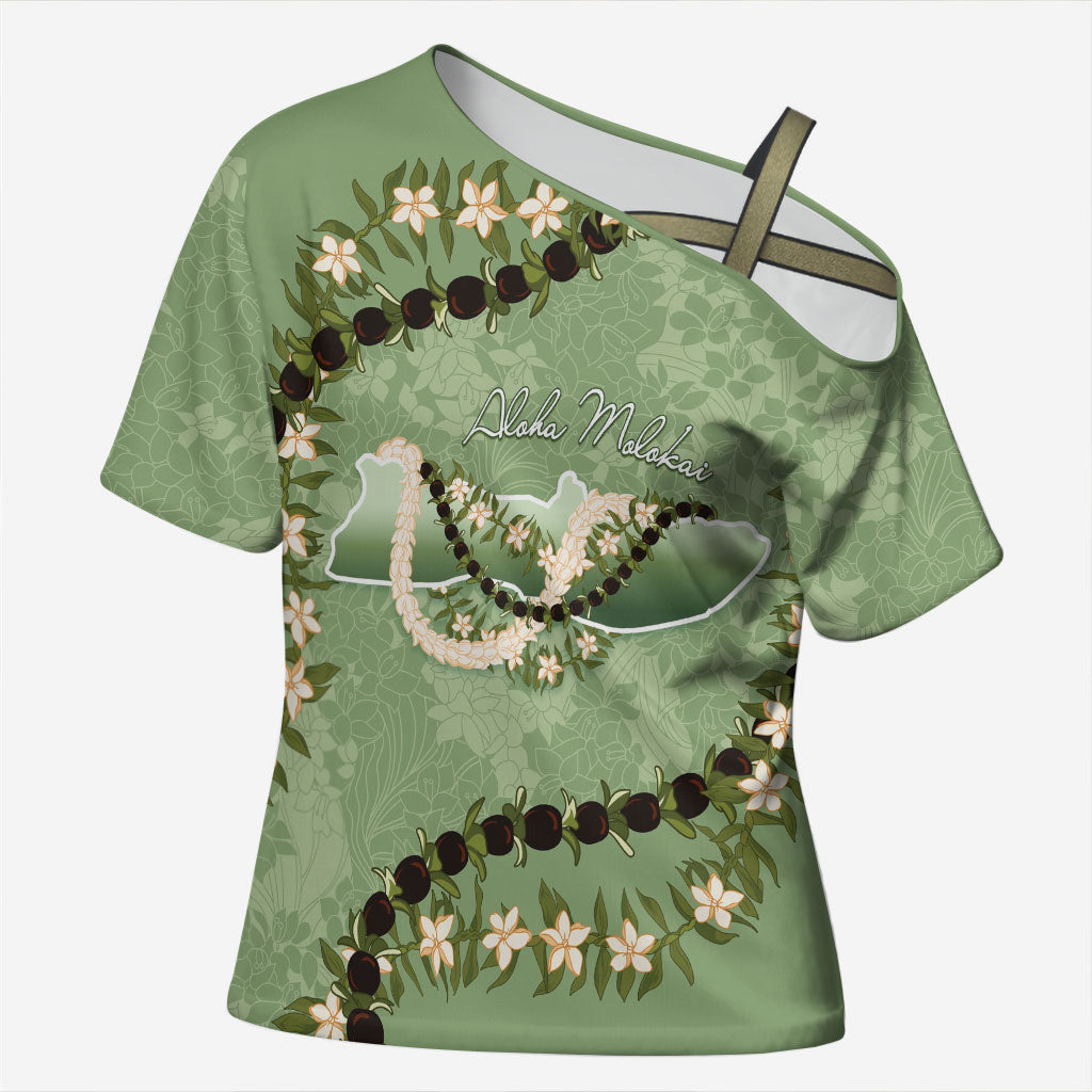 Hawaii Molokai Island Flowers Lei Cross Shoulder Shirt Kukui Nut Mossy Green