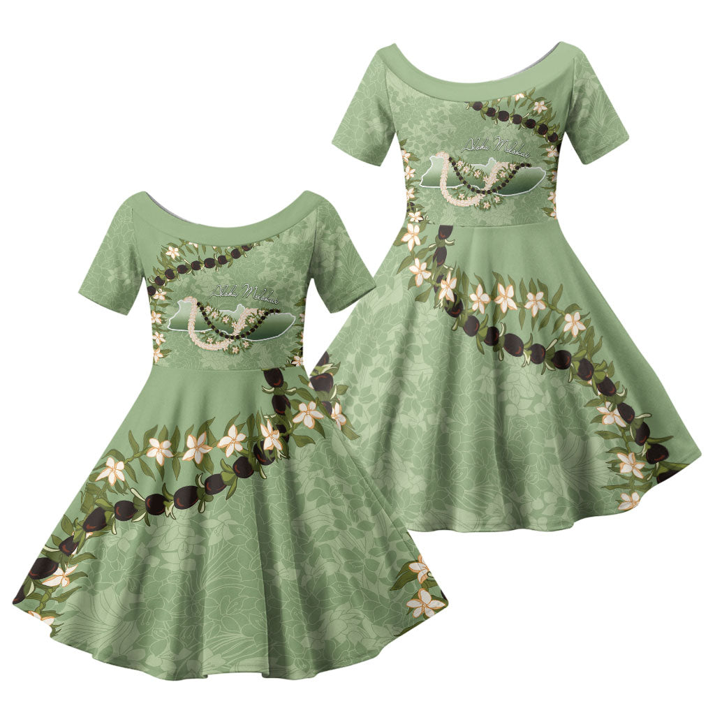 Hawaii Molokai Island Flowers Lei Family Matching Long Sleeve Bodycon Dress and Hawaiian Shirt Kukui Nut Mossy Green
