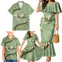 Hawaii Molokai Island Flowers Lei Family Matching Mermaid Dress and Hawaiian Shirt Kukui Nut Mossy Green