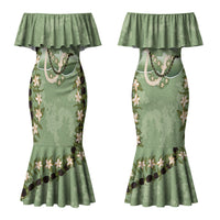 Hawaii Molokai Island Flowers Lei Family Matching Mermaid Dress and Hawaiian Shirt Kukui Nut Mossy Green