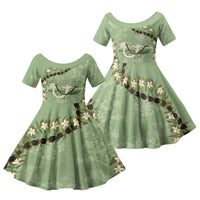 Hawaii Molokai Island Flowers Lei Family Matching Mermaid Dress and Hawaiian Shirt Kukui Nut Mossy Green