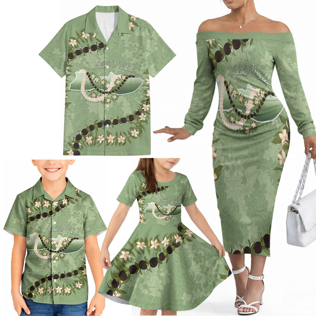 Hawaii Molokai Island Flowers Lei Family Matching Off The Shoulder Long Sleeve Dress and Hawaiian Shirt Kukui Nut Mossy Green LT7 - Polynesian Pride
