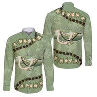 Hawaii Molokai Island Flowers Lei Family Matching Off The Shoulder Long Sleeve Dress and Hawaiian Shirt Kukui Nut Mossy Green