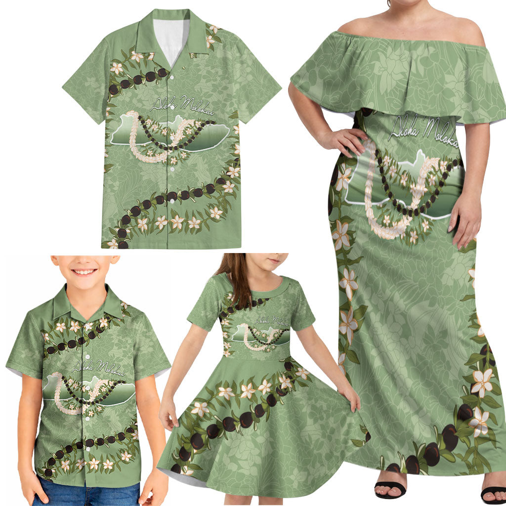 Hawaii Molokai Island Flowers Lei Family Matching Off Shoulder Maxi Dress and Hawaiian Shirt Kukui Nut Mossy Green
