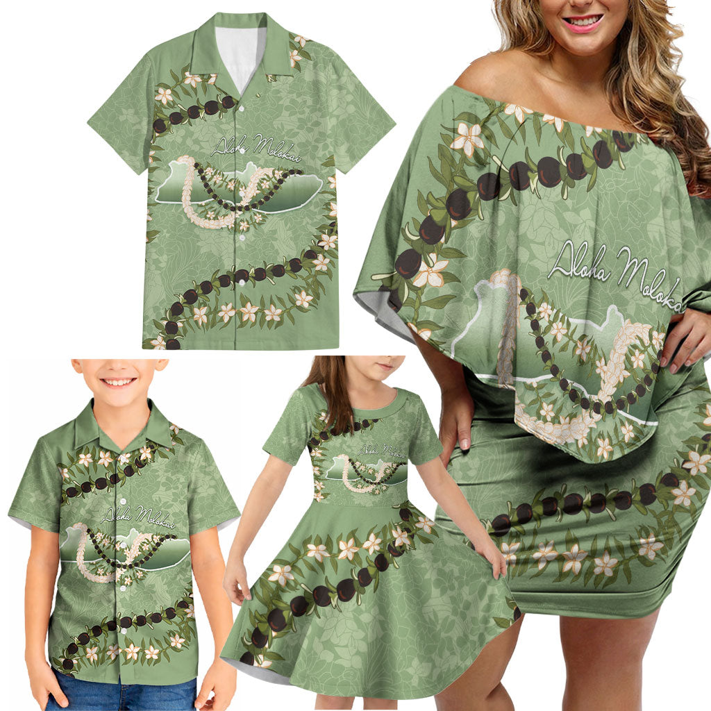 Hawaii Molokai Island Flowers Lei Family Matching Off Shoulder Short Dress and Hawaiian Shirt Kukui Nut Mossy Green LT7 - Polynesian Pride