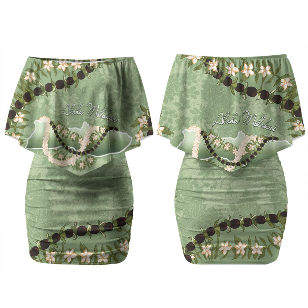 Hawaii Molokai Island Flowers Lei Family Matching Off Shoulder Short Dress and Hawaiian Shirt Kukui Nut Mossy Green