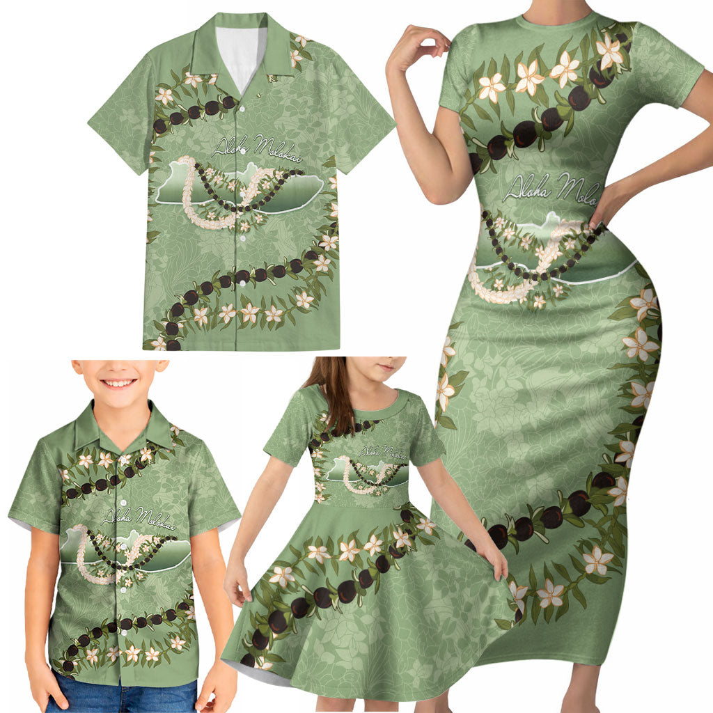 Hawaii Molokai Island Flowers Lei Family Matching Short Sleeve Bodycon Dress and Hawaiian Shirt Kukui Nut Mossy Green