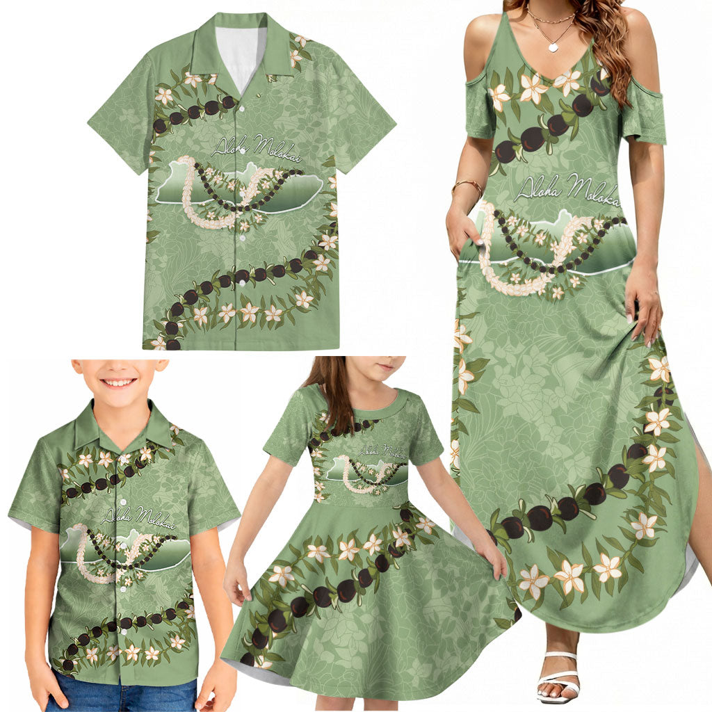 Hawaii Molokai Island Flowers Lei Family Matching Summer Maxi Dress and Hawaiian Shirt Kukui Nut Mossy Green LT7 - Polynesian Pride