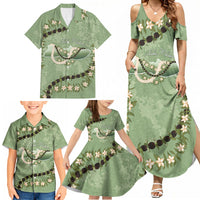 Hawaii Molokai Island Flowers Lei Family Matching Summer Maxi Dress and Hawaiian Shirt Kukui Nut Mossy Green