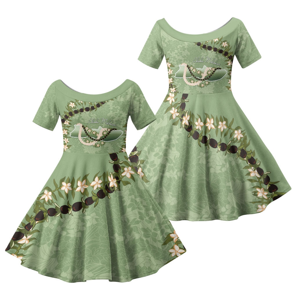 Hawaii Molokai Island Flowers Lei Family Matching Summer Maxi Dress and Hawaiian Shirt Kukui Nut Mossy Green