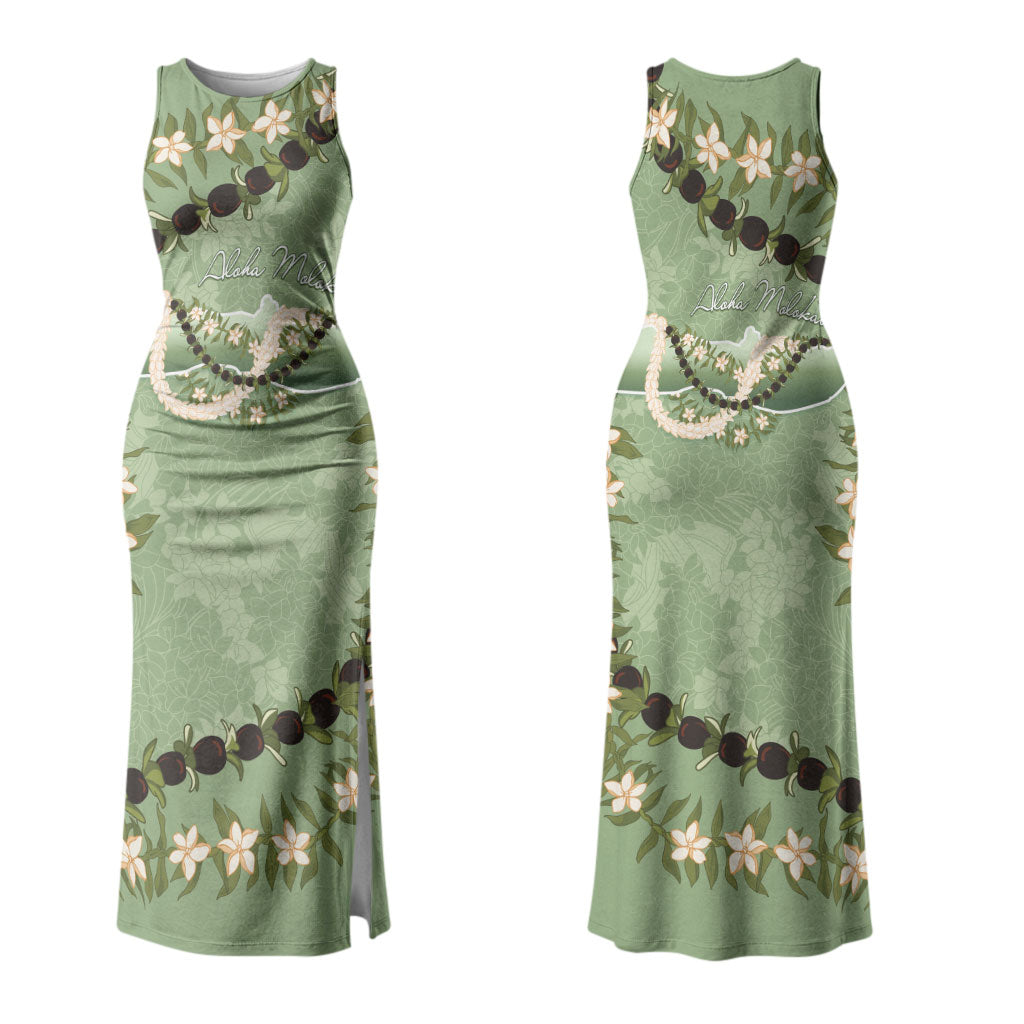 Hawaii Molokai Island Flowers Lei Family Matching Tank Maxi Dress and Hawaiian Shirt Kukui Nut Mossy Green