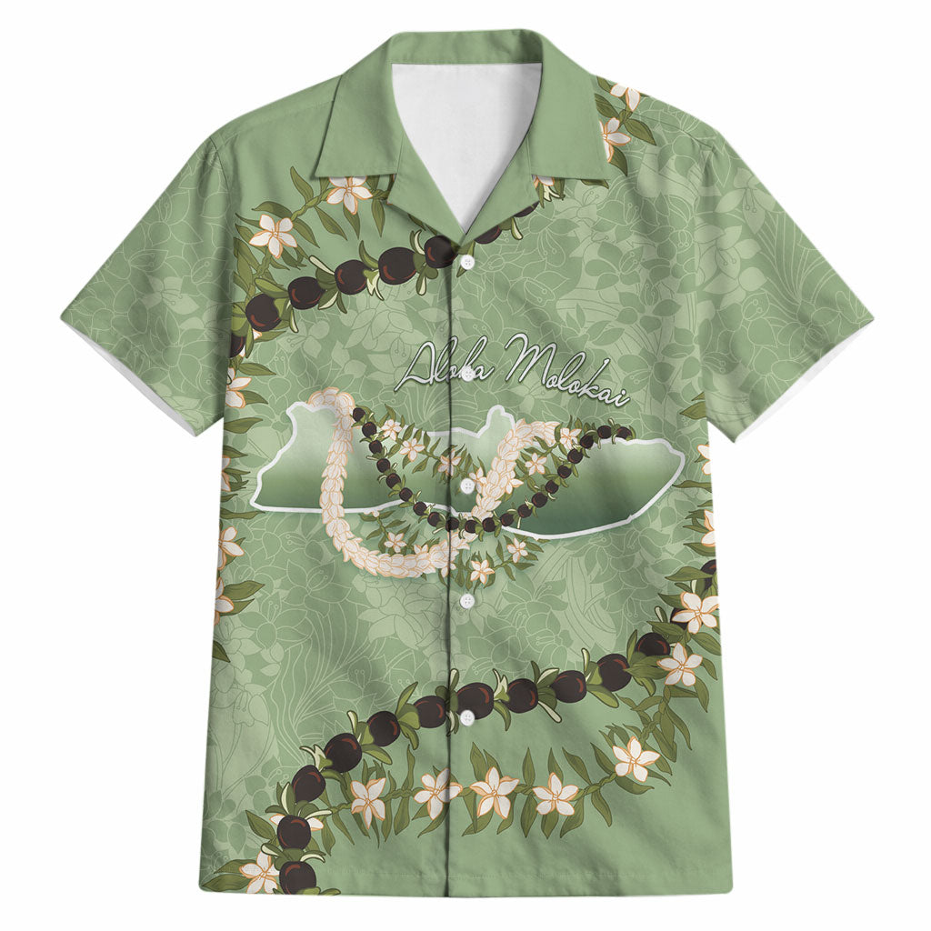 Hawaii Molokai Island Flowers Lei Hawaiian Shirt Kukui Nut Mossy Green
