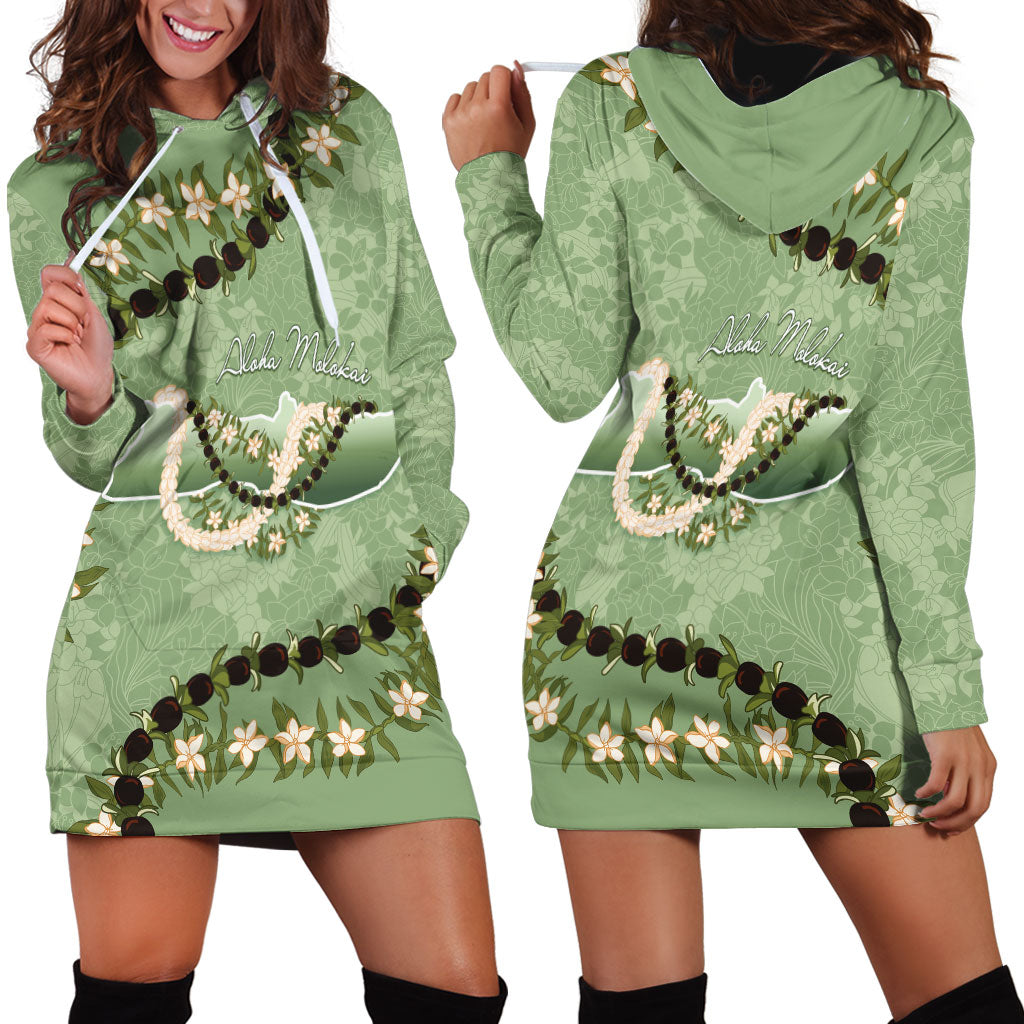 Hawaii Molokai Island Flowers Lei Hoodie Dress Kukui Nut Mossy Green