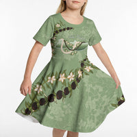 Hawaii Molokai Island Flowers Lei Kid Short Sleeve Dress Kukui Nut Mossy Green