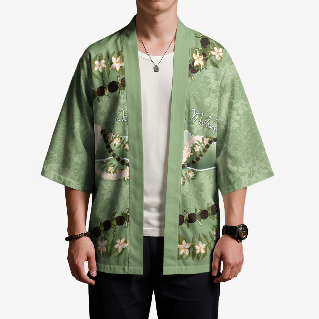 Hawaii Molokai Island Flowers Lei Kimono Kukui Nut Mossy Green