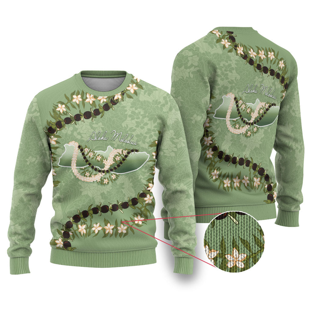 Hawaii Molokai Island Flowers Lei Ugly Christmas Sweater Kukui Nut Mossy Green