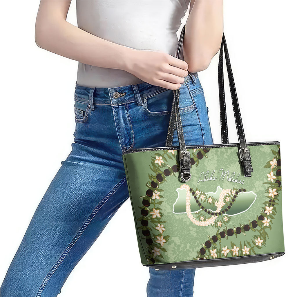 Hawaii Molokai Island Flowers Lei Leather Tote Bag Kukui Nut Mossy Green
