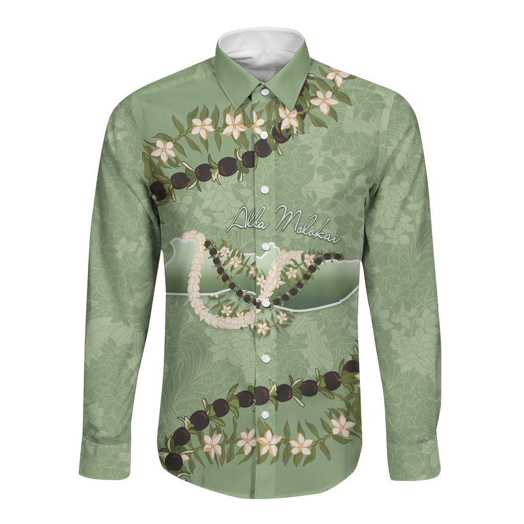 Hawaii Molokai Island Flowers Lei Long Sleeve Button Shirt Kukui Nut Mossy Green LT7 Unisex Moss Green - Polynesian Pride