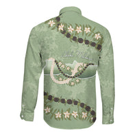 Hawaii Molokai Island Flowers Lei Long Sleeve Button Shirt Kukui Nut Mossy Green