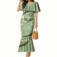 Hawaii Molokai Island Flowers Lei Mermaid Dress Kukui Nut Mossy Green