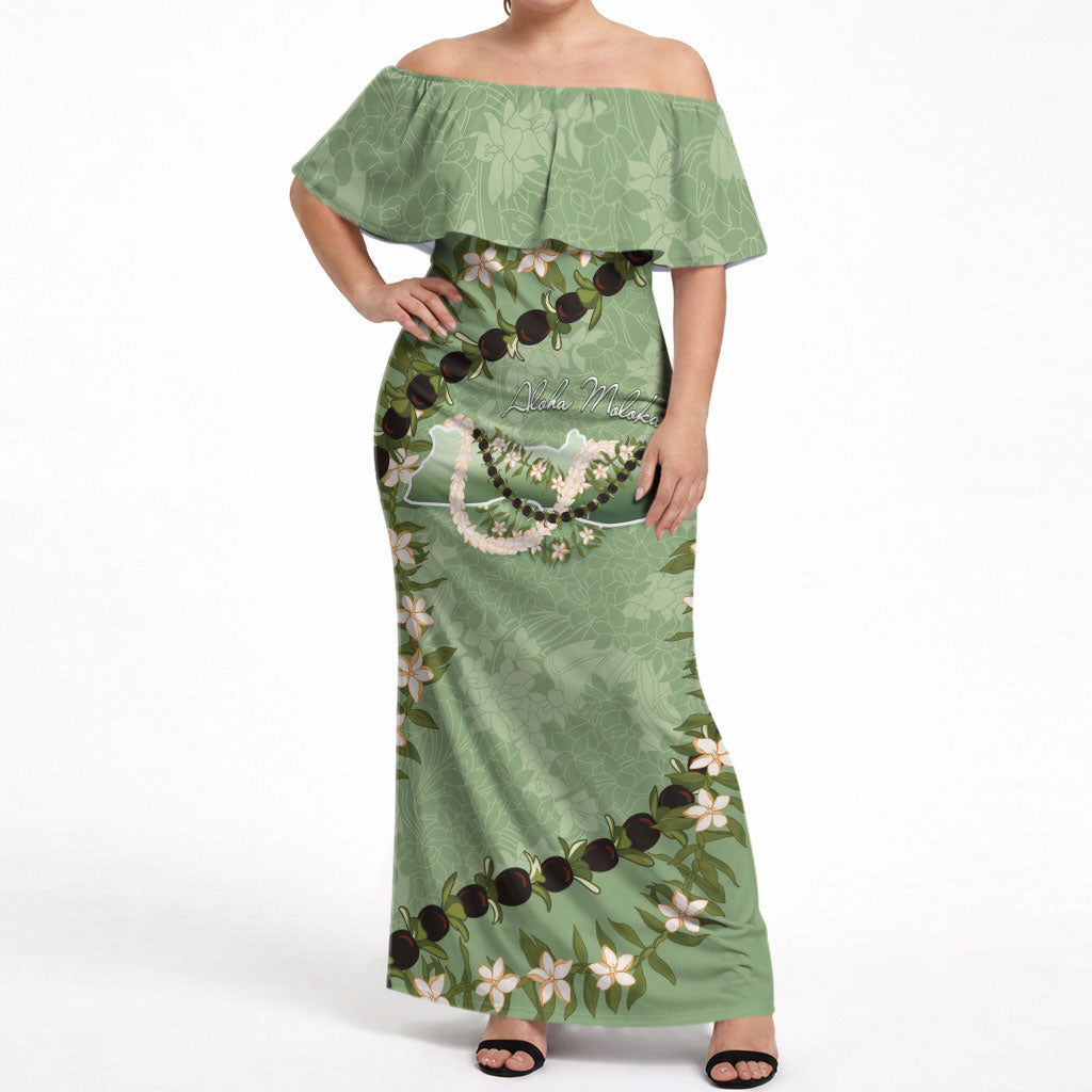 Hawaii Molokai Island Flowers Lei Off Shoulder Maxi Dress Kukui Nut Mossy Green
