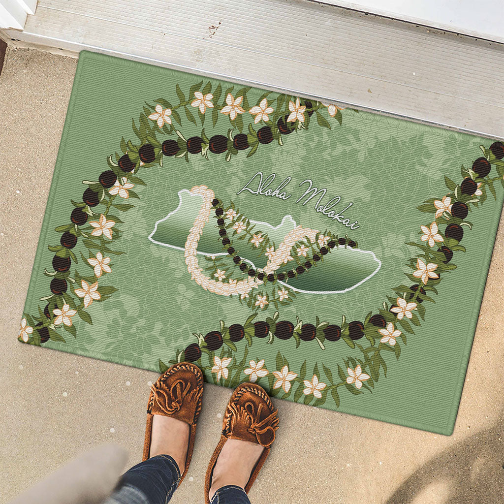 Hawaii Molokai Island Flowers Lei Rubber Doormat Kukui Nut Mossy Green