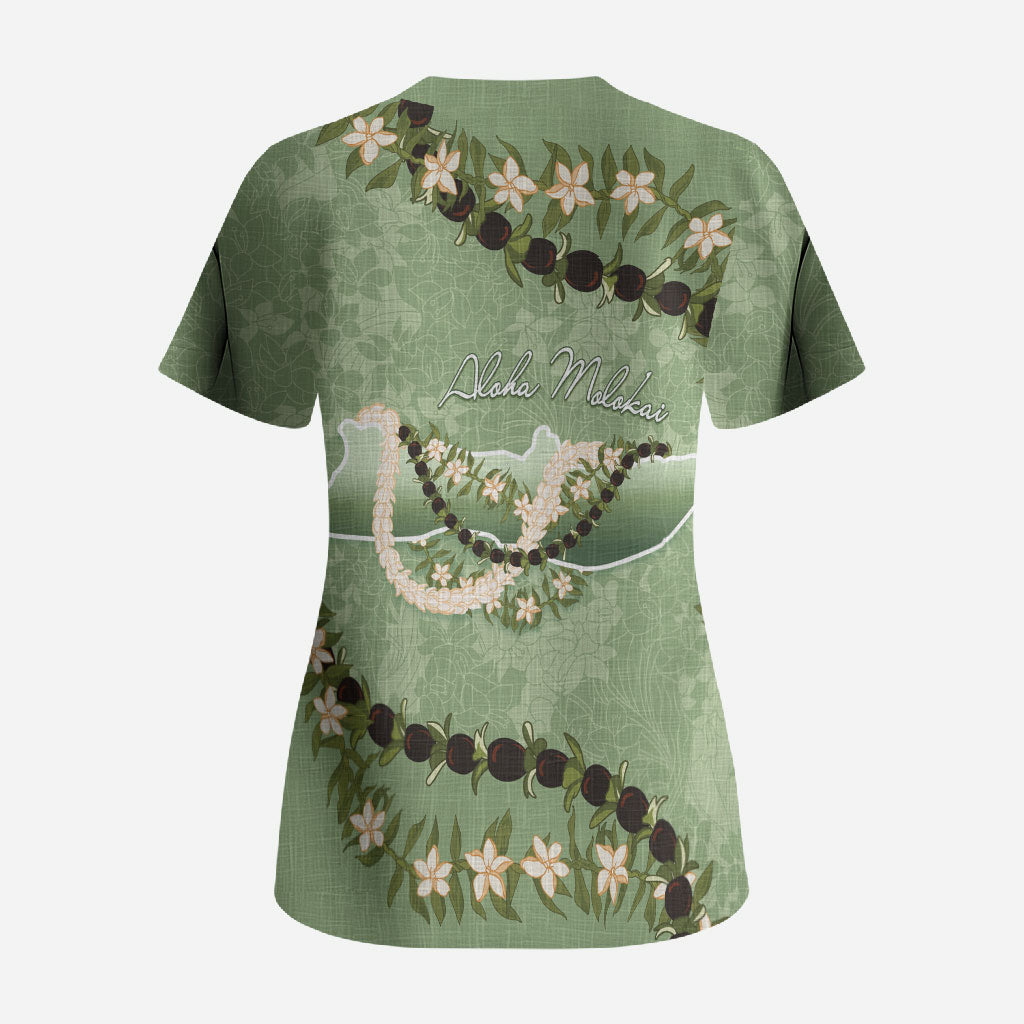 Hawaii Molokai Island Flowers Lei Scrub Top Kukui Nut Mossy Green