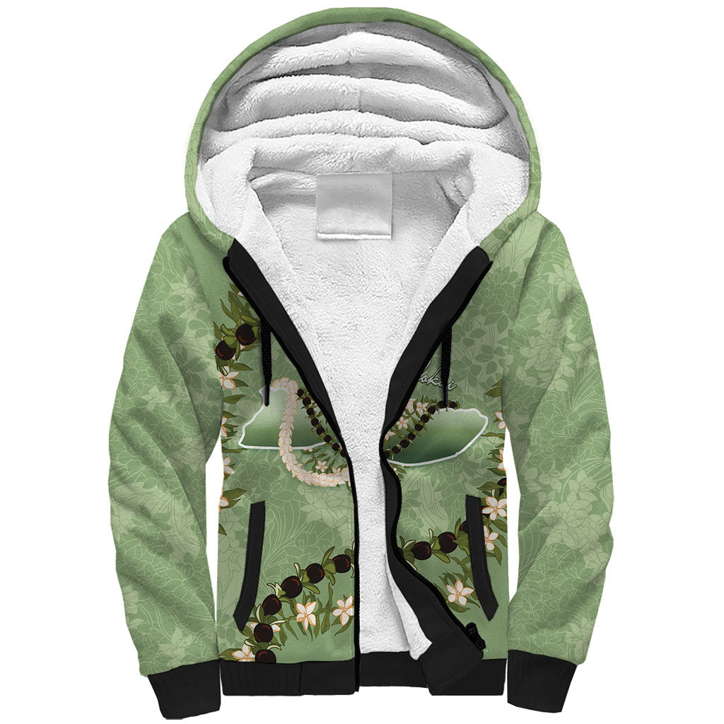 Hawaii Molokai Island Flowers Lei Sherpa Hoodie Kukui Nut Mossy Green