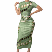 Hawaii Molokai Island Flowers Lei Short Sleeve Bodycon Dress Kukui Nut Mossy Green