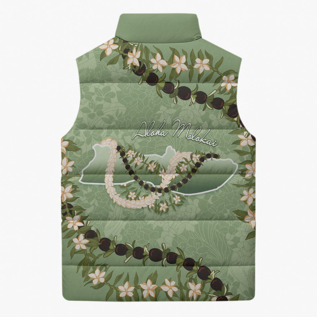 Hawaii Molokai Island Flowers Lei Sleeveless Puffer Jacket Kukui Nut Mossy Green