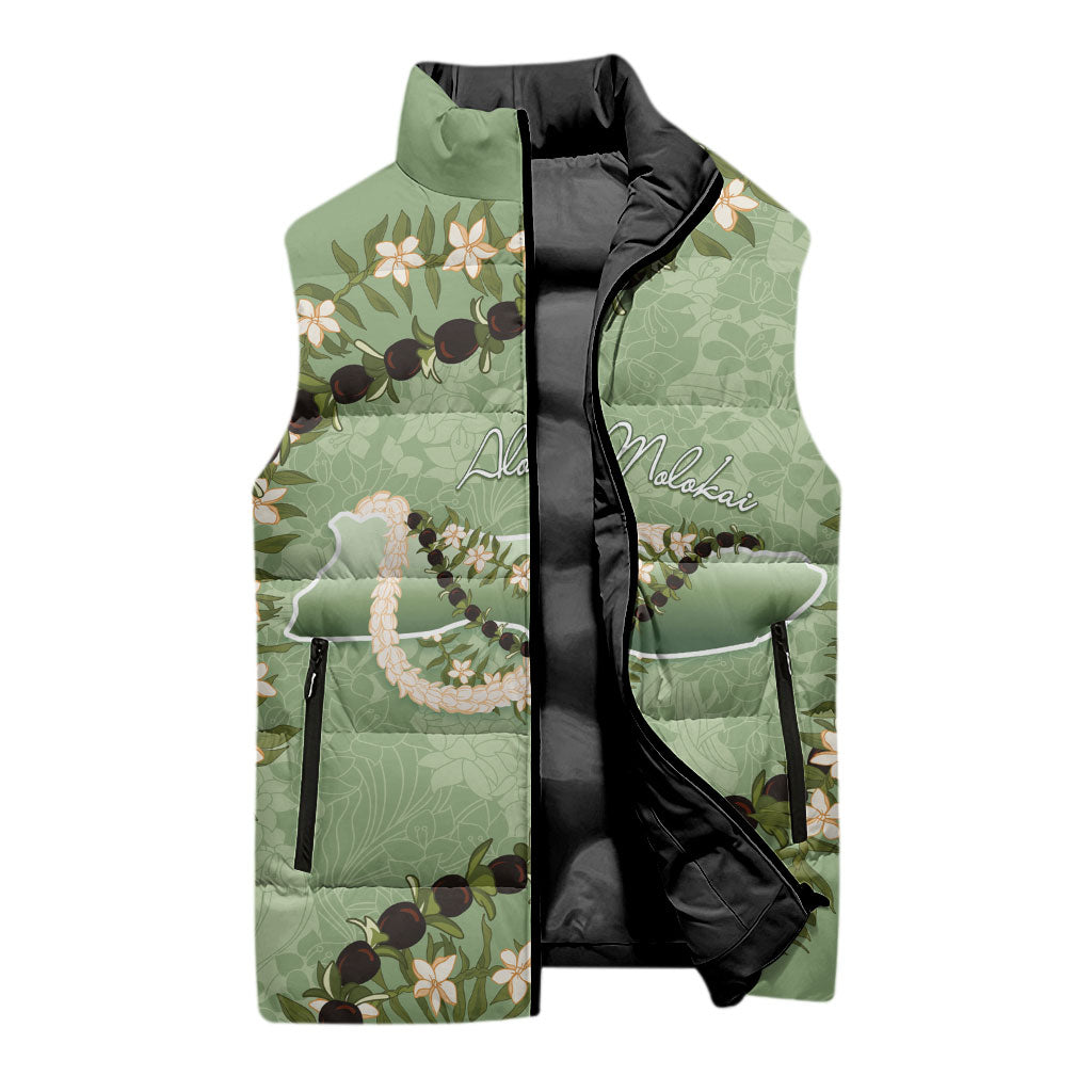 Hawaii Molokai Island Flowers Lei Sleeveless Puffer Jacket Kukui Nut Mossy Green