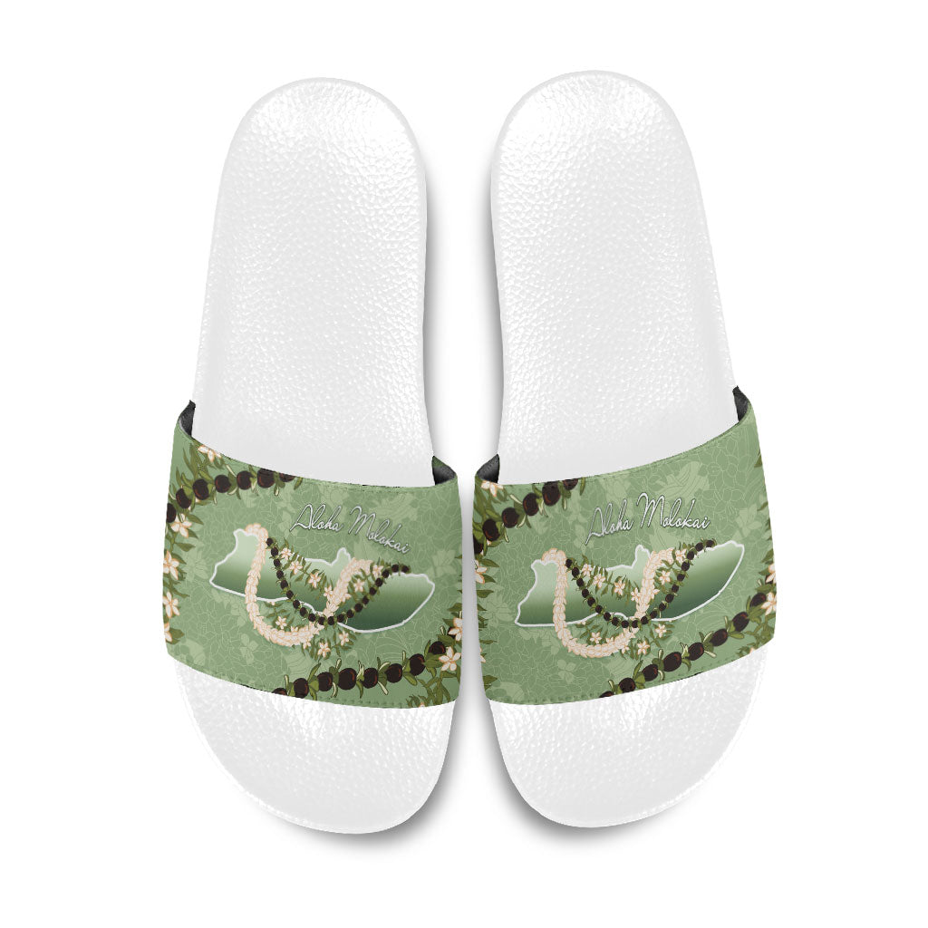 Hawaii Molokai Island Flowers Lei Slide Sandals Kukui Nut Mossy Green