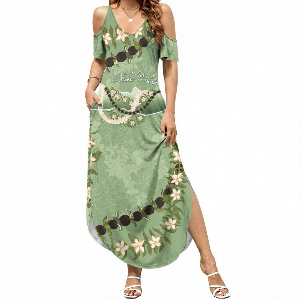 Hawaii Molokai Island Flowers Lei Summer Maxi Dress Kukui Nut Mossy Green