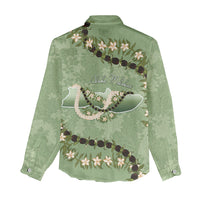 Hawaii Molokai Island Flowers Lei Women Casual Shirt Kukui Nut Mossy Green