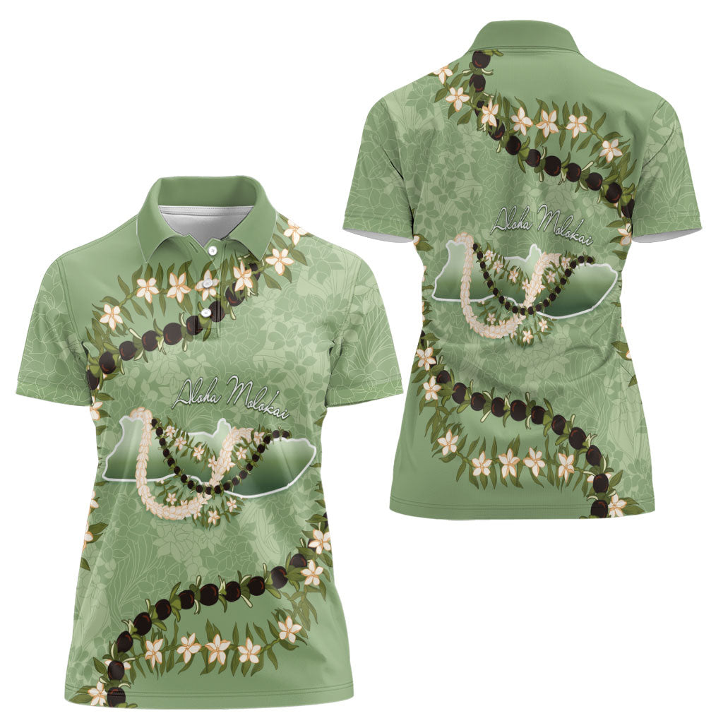 Hawaii Molokai Island Flowers Lei Women Polo Shirt Kukui Nut Mossy Green