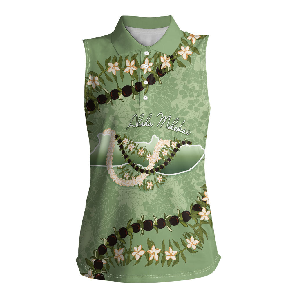 Hawaii Molokai Island Flowers Lei Women Sleeveless Polo Shirt Kukui Nut Mossy Green LT7 Female Moss Green - Polynesian Pride